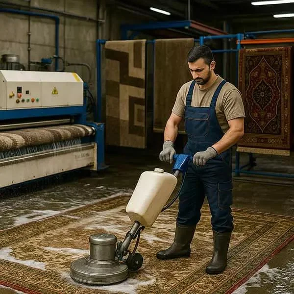 مردی در حال شست شوی فرش ایرانی با دستگاهی صنعتی است.