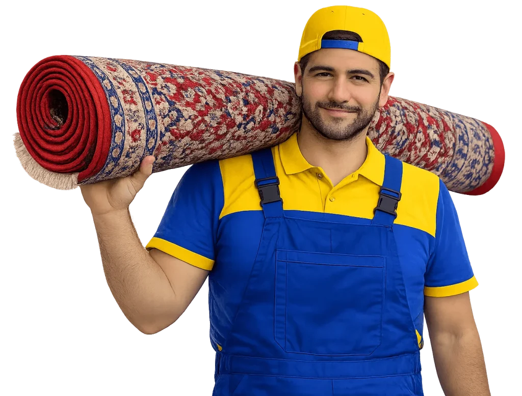 مرد یک فرش ایرانی بروی شانه دارد